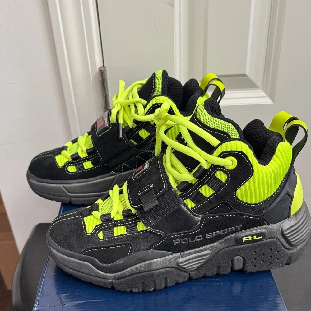 Polo by Ralph Lauren Black and Neon Green Suede Sneakers, Like New